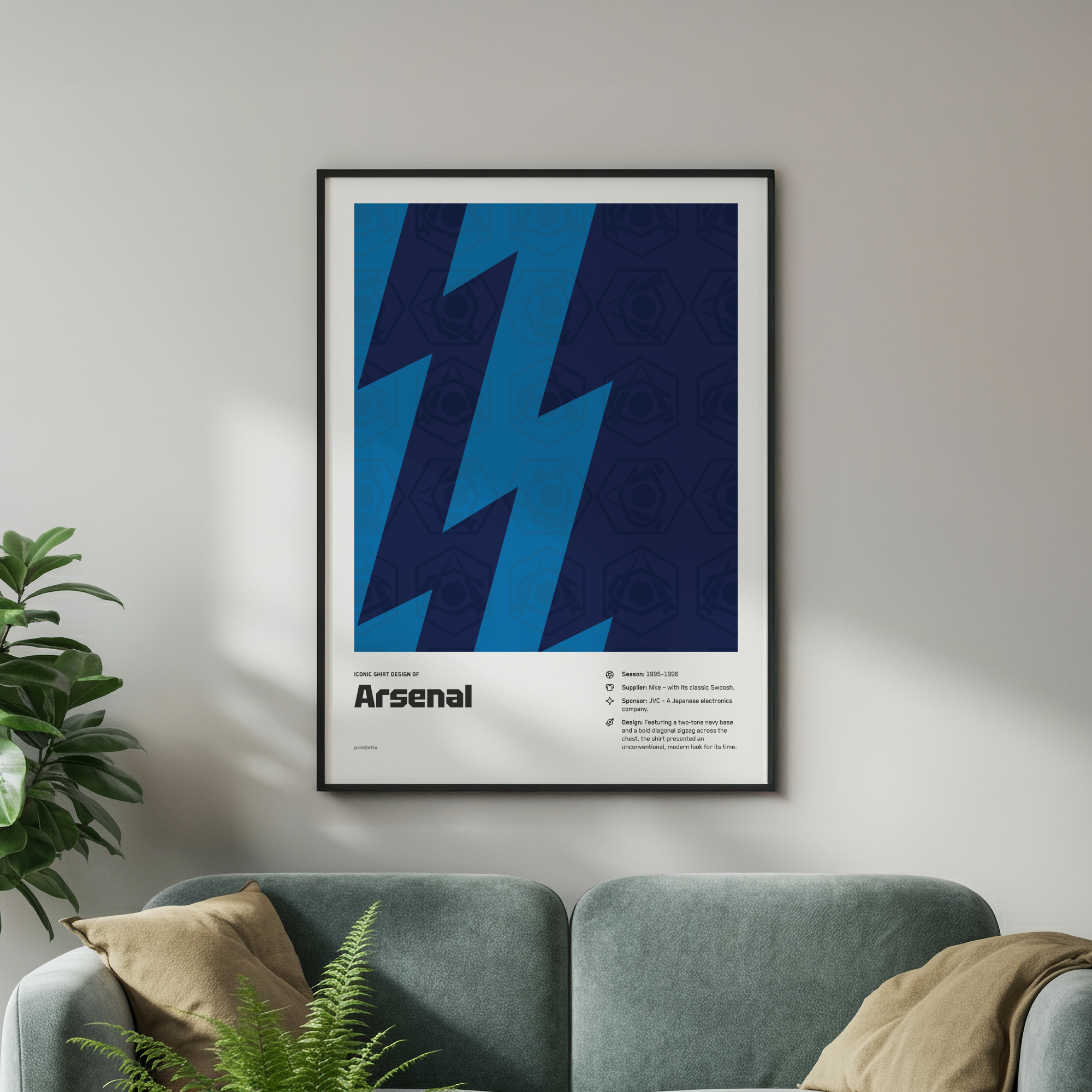 Arsenal 1995-1996 kit poster framed on wall