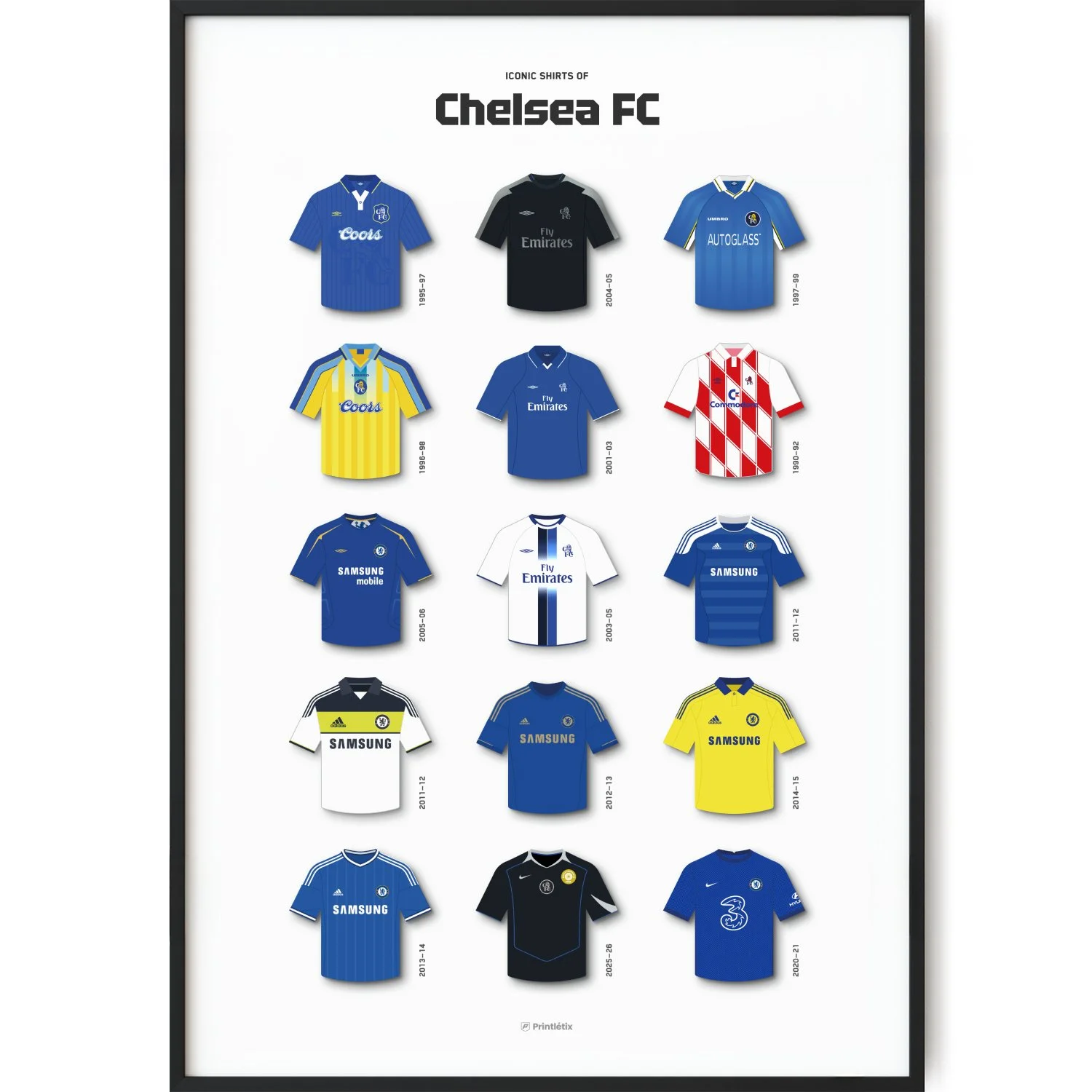 Chelsea Iconic Kits Poster, Blues Shirts History Wall Art
