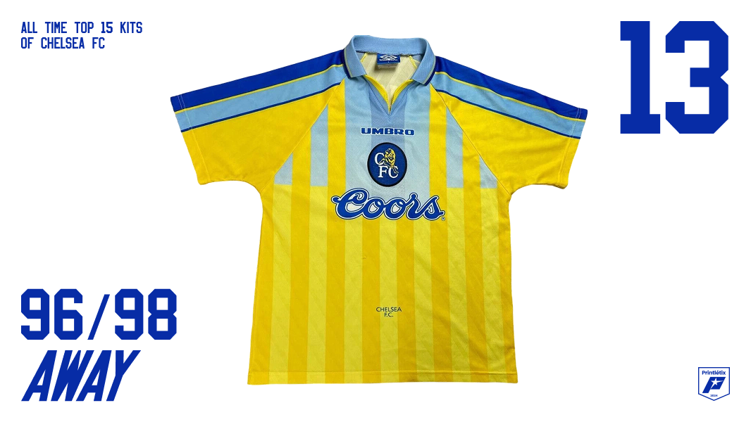 Chelsea FC 1996-98 away kit — yellow with blue and sky blue panels, Umbro, Coors sponsor — ranked #13 in Printlétix all-time top 15