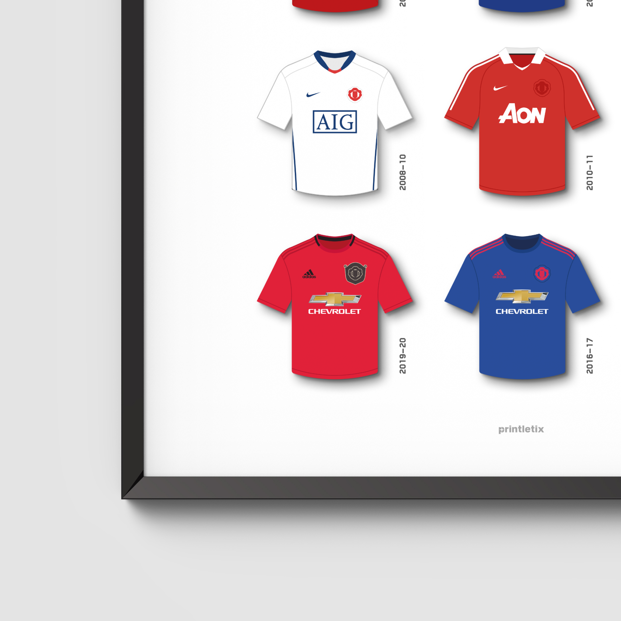 Close-up view of Man Utd retro jerseys wall art