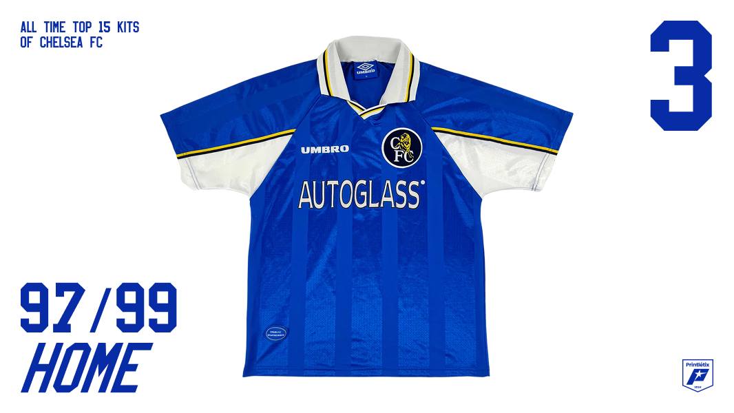 Chelsea FC 1997-99 home kit — sky blue, Umbro, Autoglass sponsor, white and yellow collar trim — ranked #3 in Printlétix all-time top 15