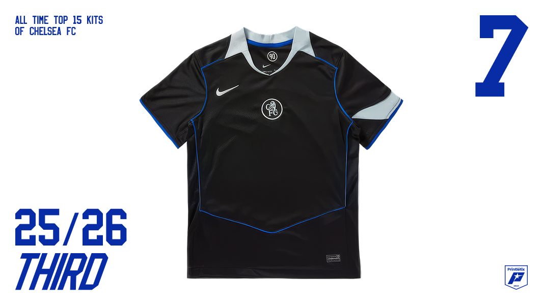 Chelsea FC 2025-26 third kit — black with blue and grey detailing, Nike, FIFA Club World Cup badge — ranked #7 in Printlétix all-time top 15