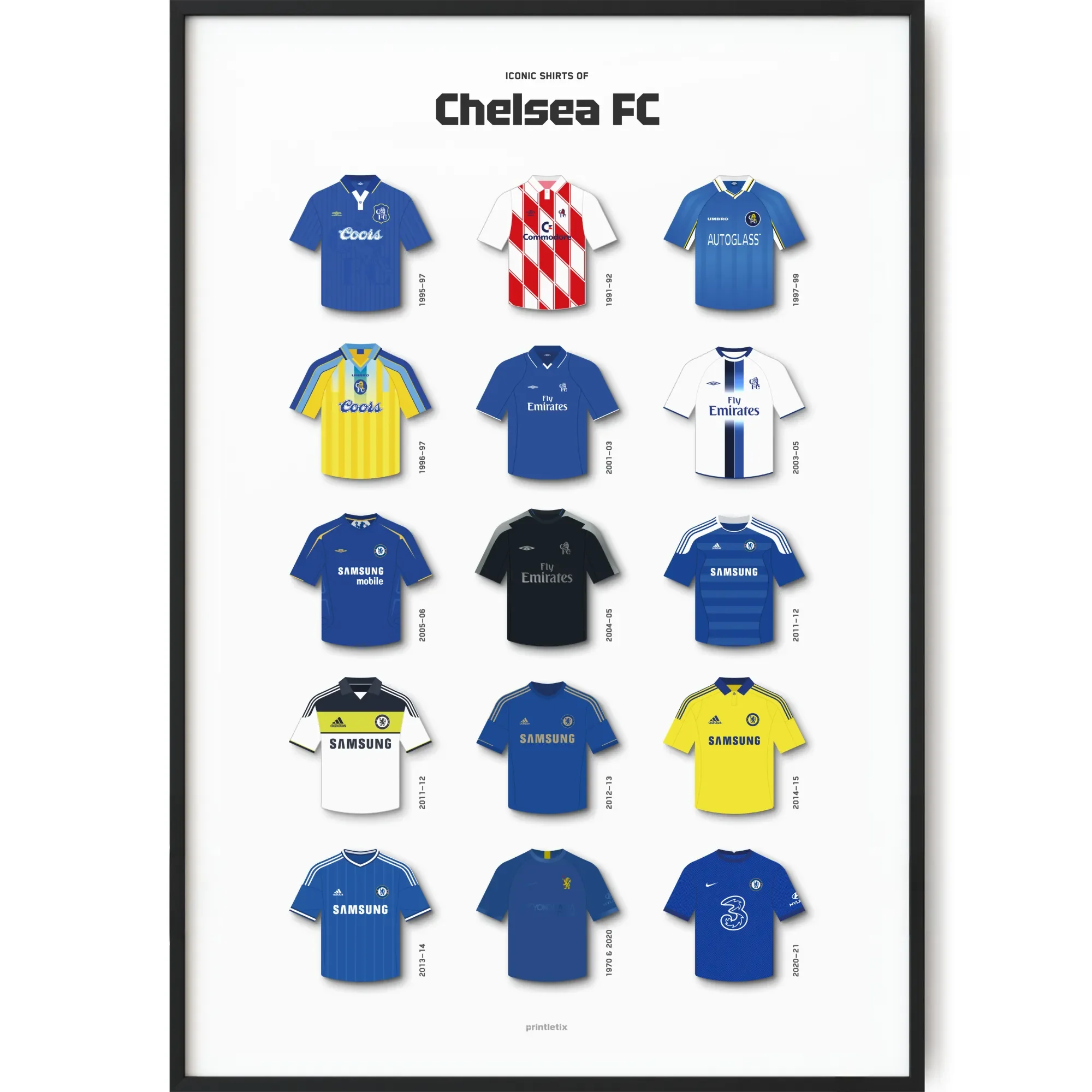 Framed "Iconic Shirts of Chelsea FC" poster featuring 15 illustrated club kits on a white background.