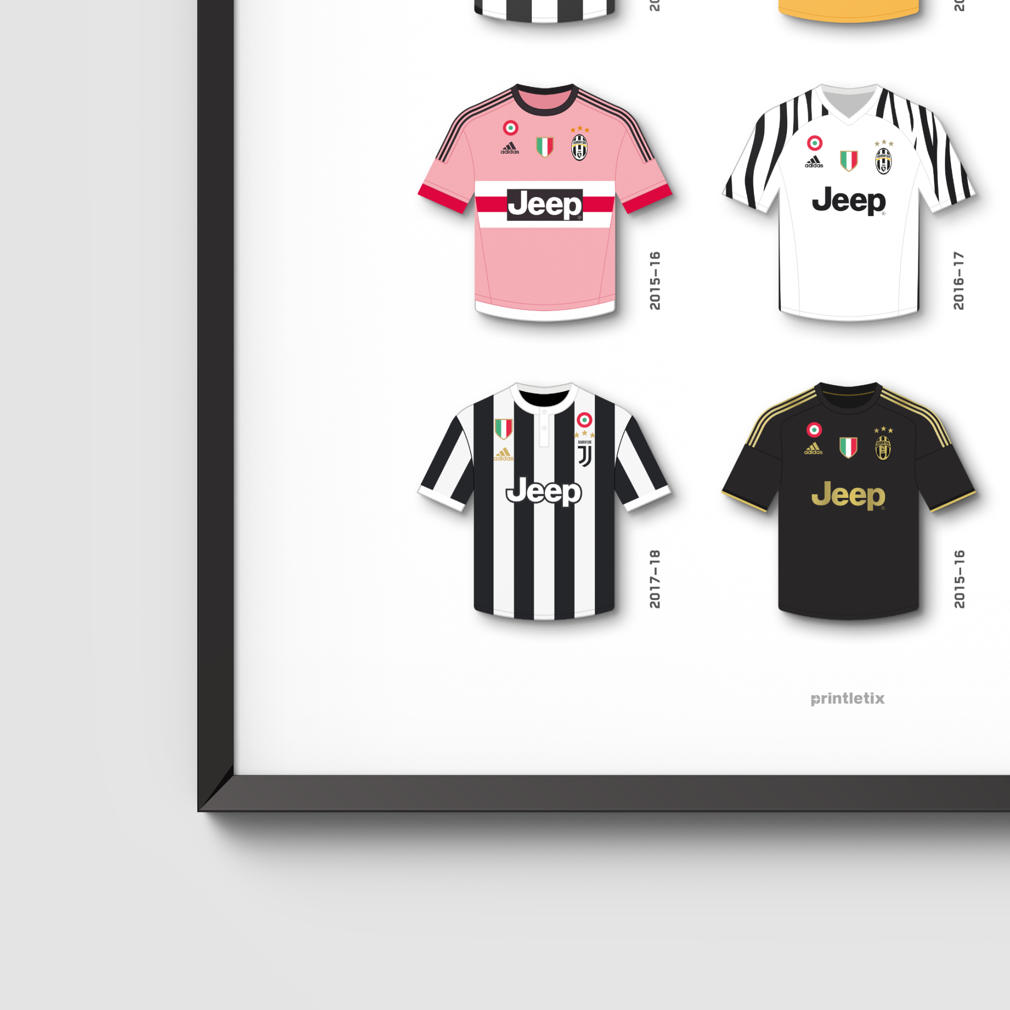 Close-up view of Juventus retro jerseys wall art