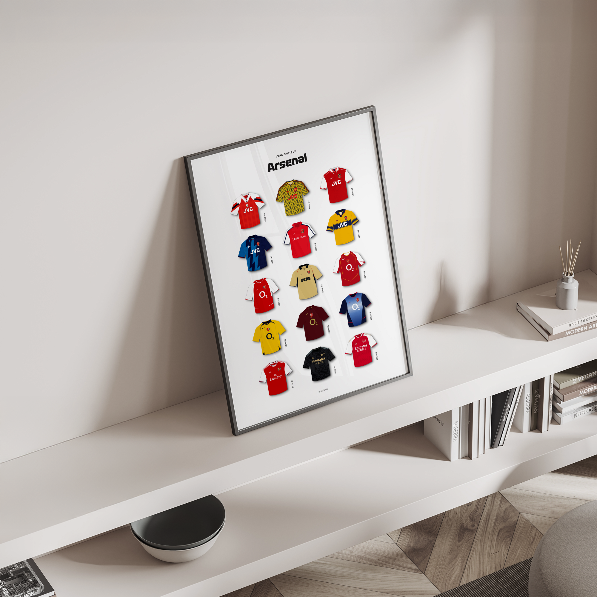 The Gunners iconic kits poster standing on a shelf