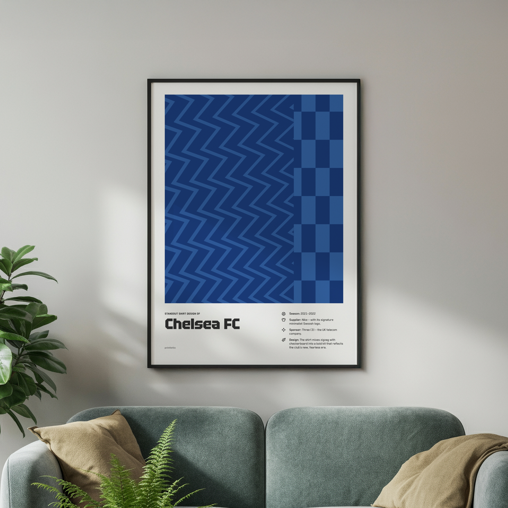 Chelsea 2021-2022 kit poster framed on wall