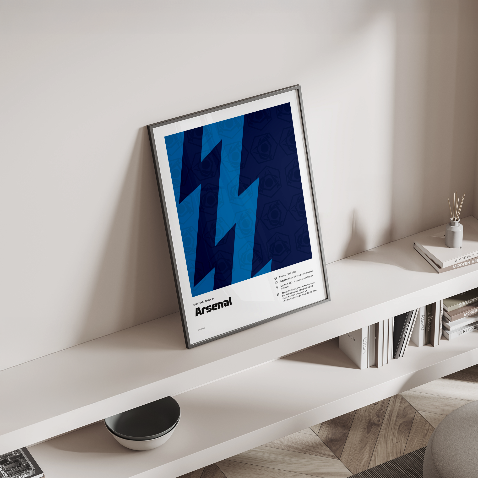 Arsenal’s “Lightning Bolt” shirt poster standing on a shelf