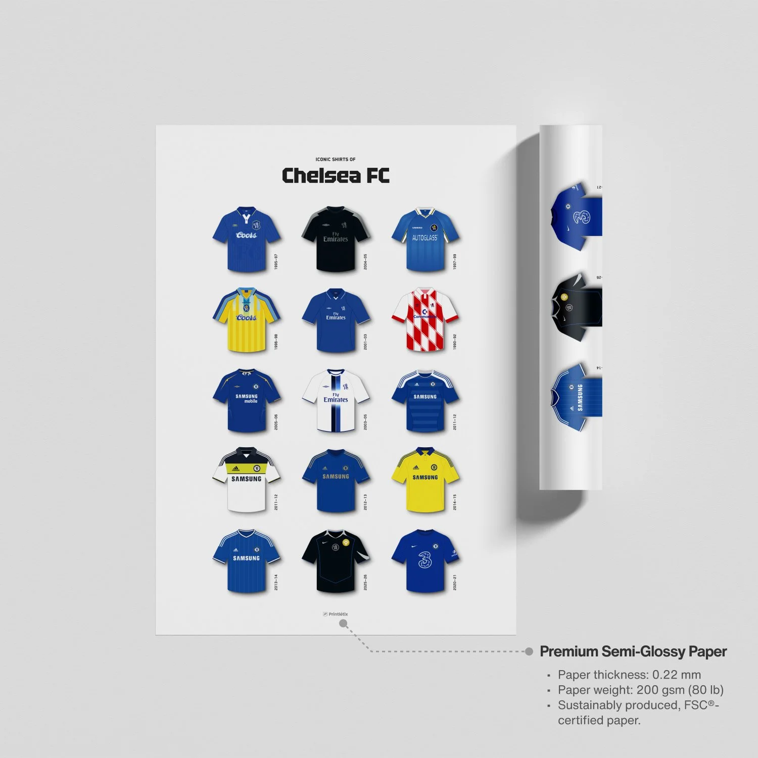 Chelsea FC poster next to a rolled print showing the premium 200 gsm semi-glossy paper texture and thickness.