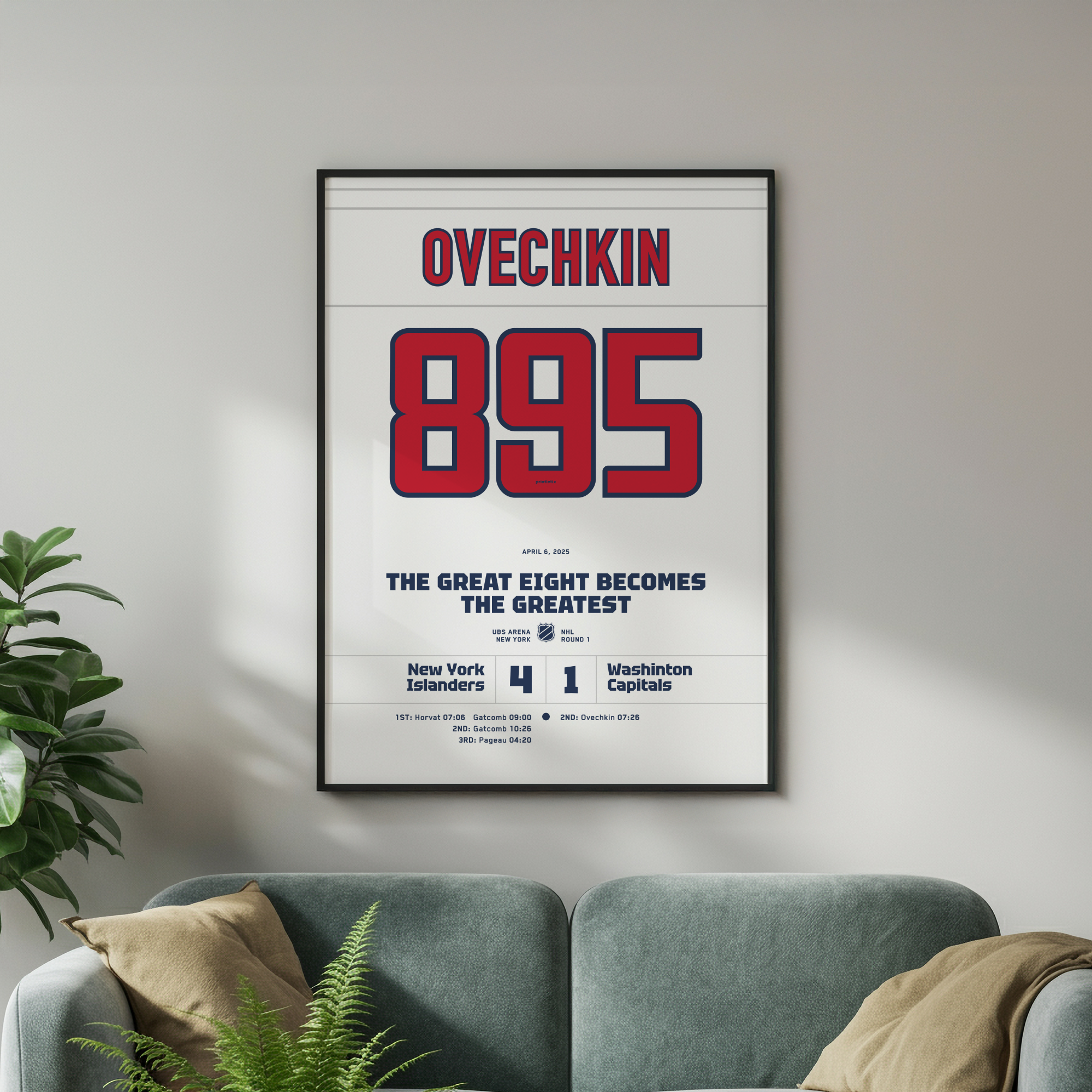 Ovechkin record match shirt poster framed on wall
