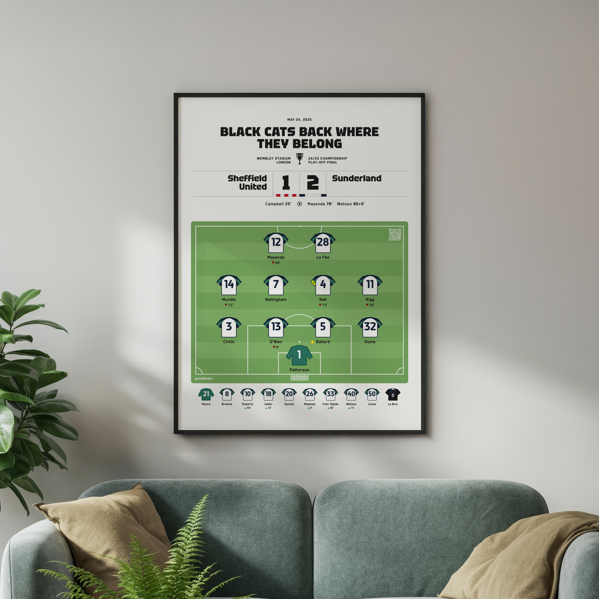 Sunderland 2025 Final match poster framed on wall