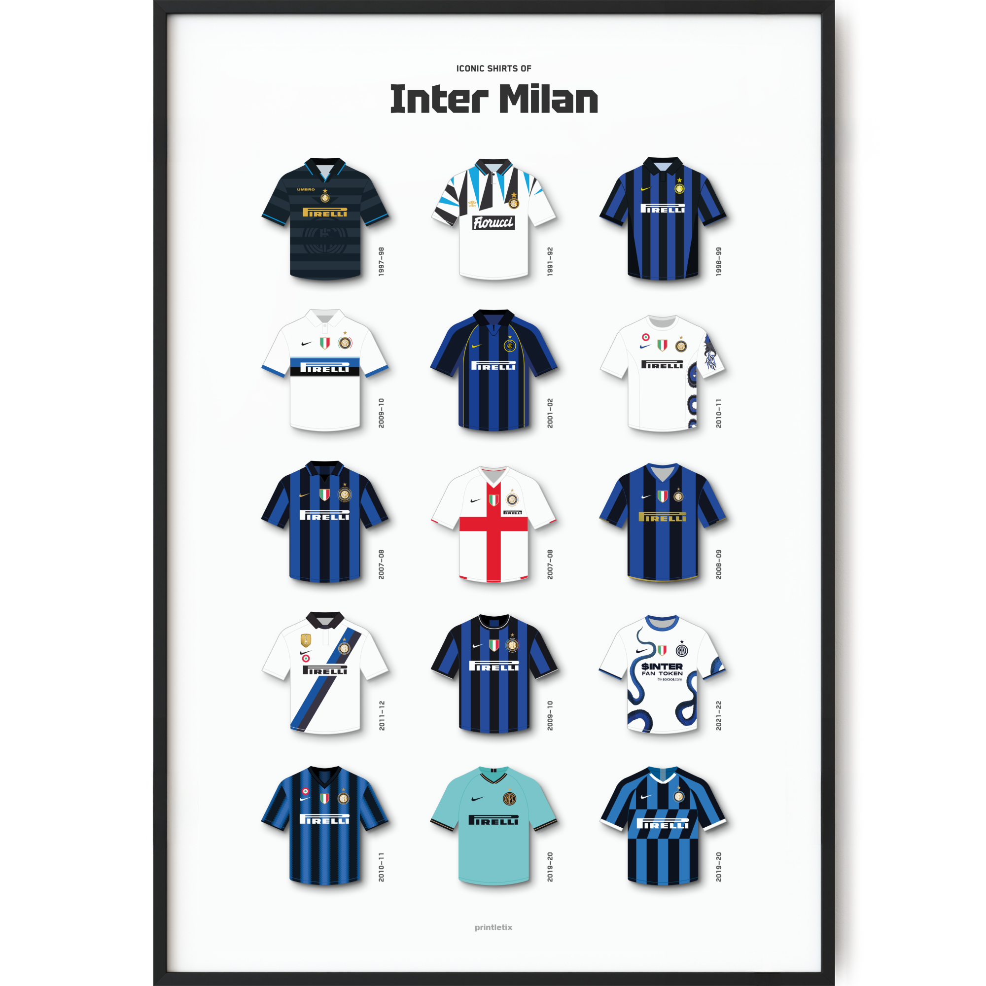 Inter Milan Iconic Shirts Poster, Nerazzurri Football Wall Art
