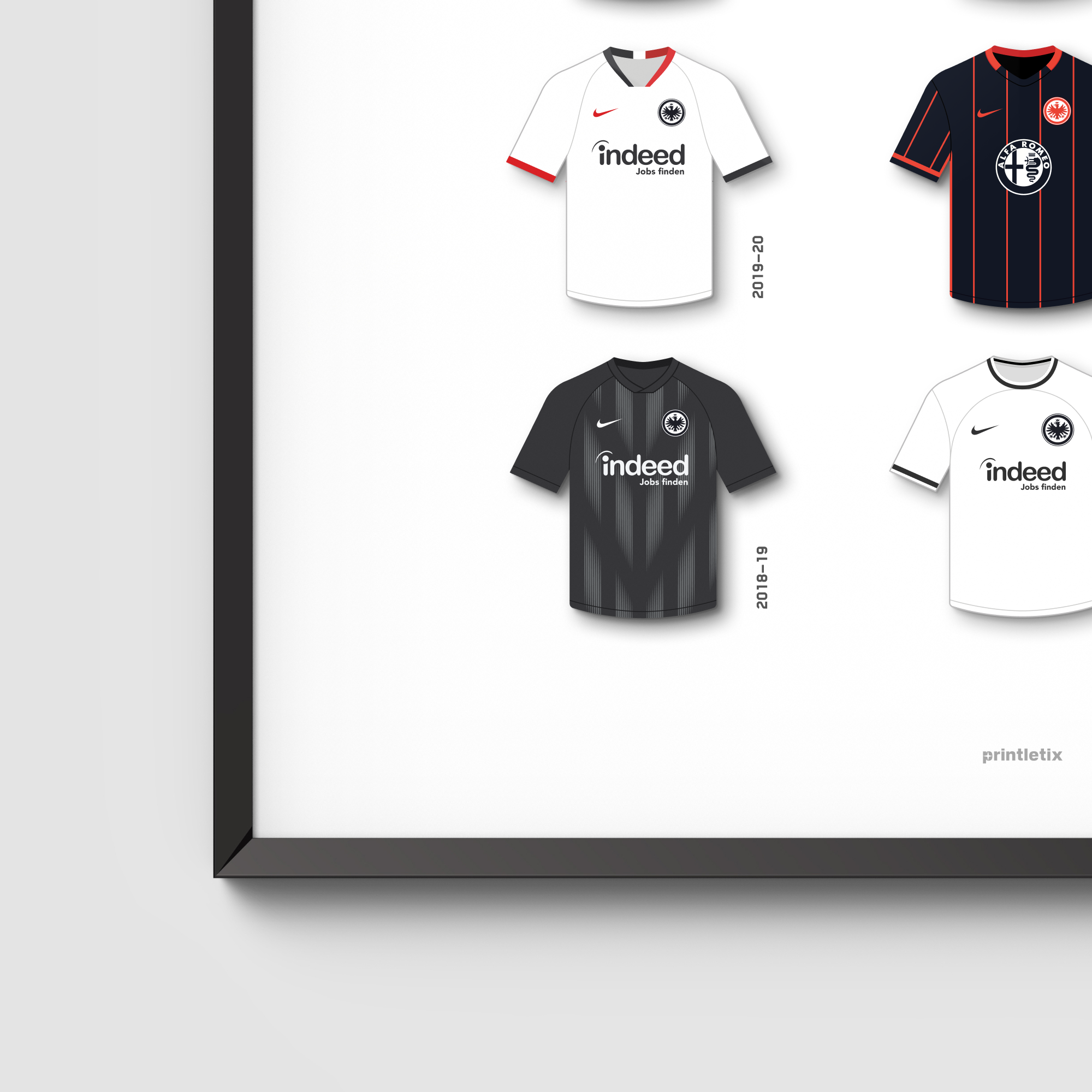 Close-up view of Eintracht Frankfurt retro jerseys wall art