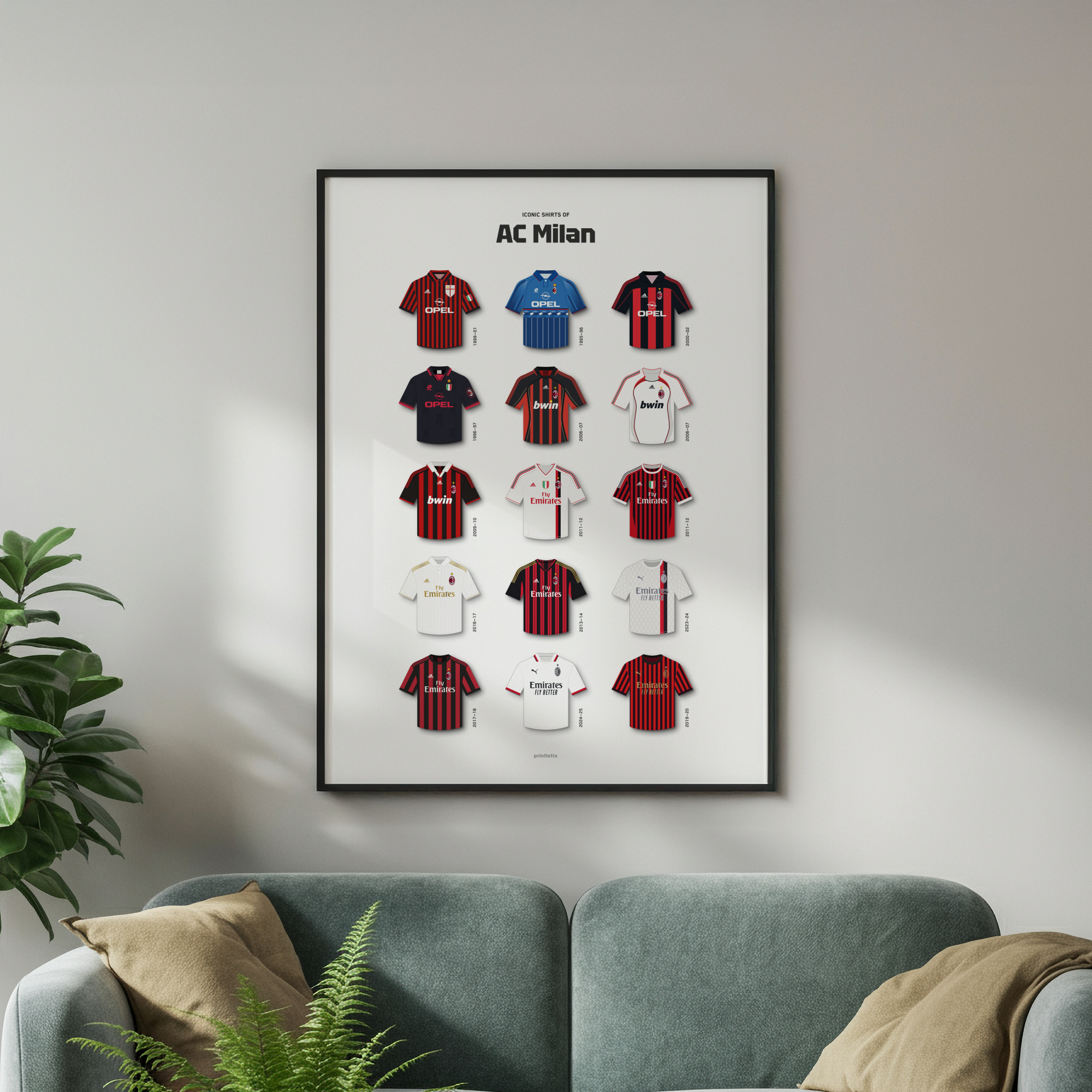 AC Milan iconic shirts poster framed on wall