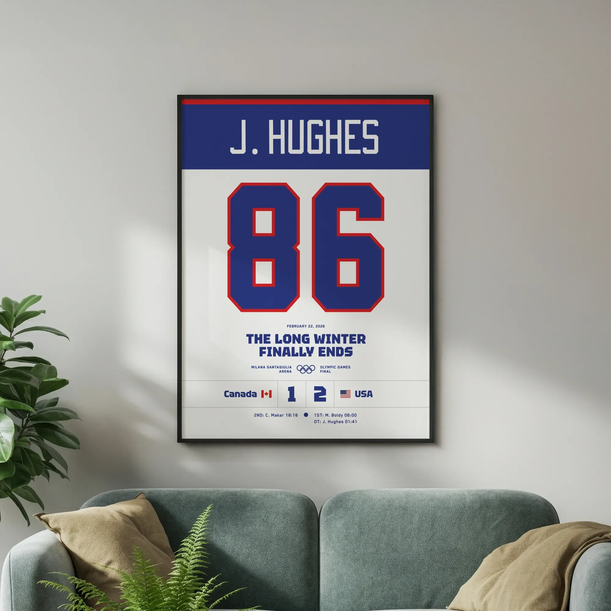 Framed Jack Hughes USA Olympic hockey poster hanging in a modern living room above a green velvet sofa, showcasing e-commerce home decor styling
