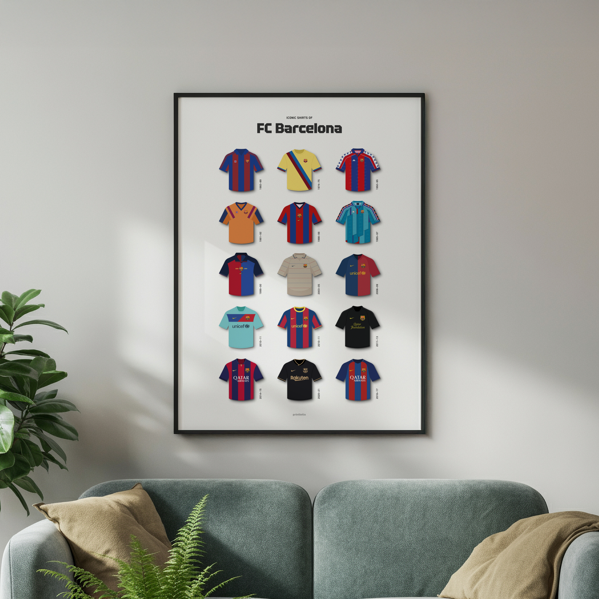 Barcelona iconic shirts poster framed on wall