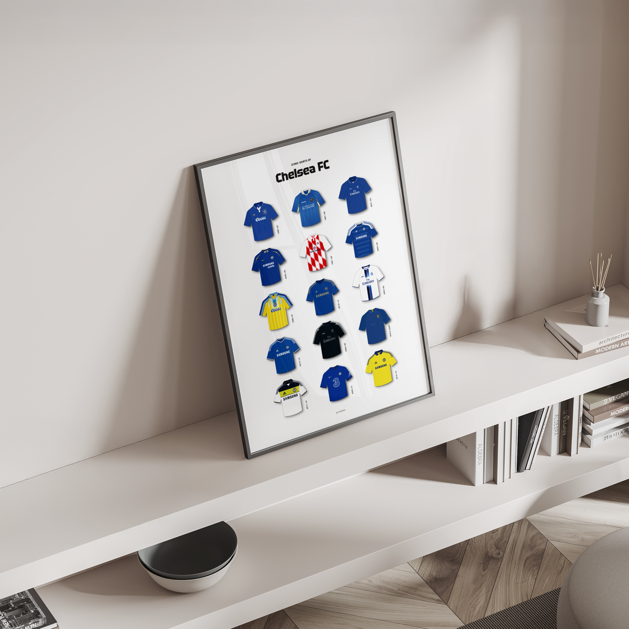 The Blues iconic kits poster standing on a shelf