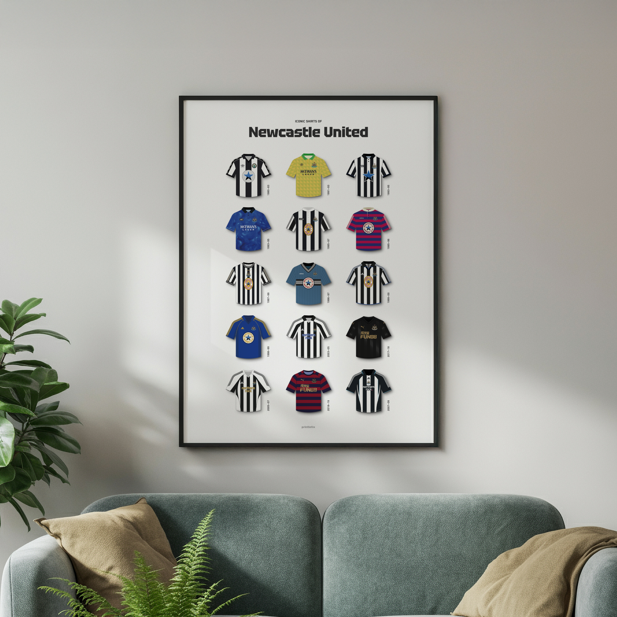 Newcastle iconic shirts poster framed on wall