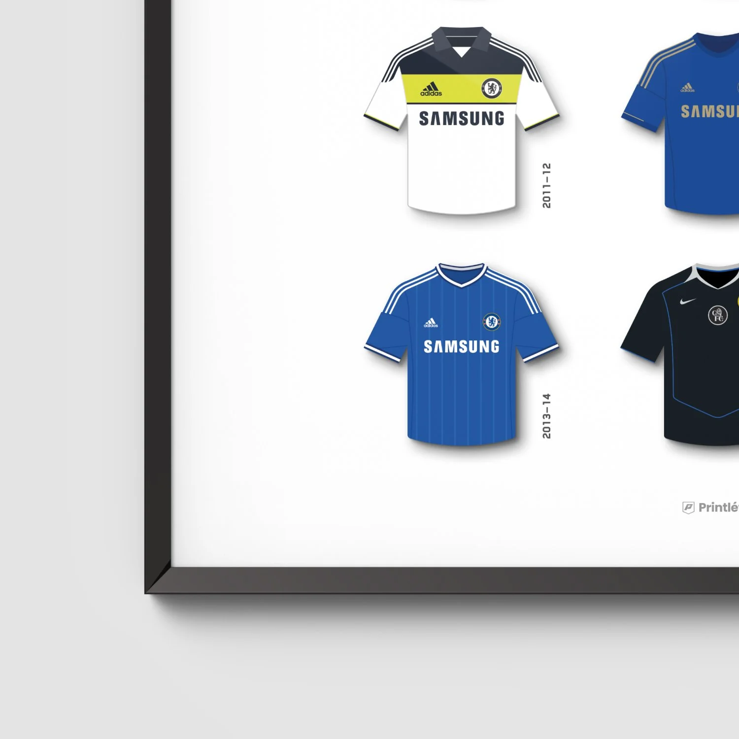 Close up detail of the Chelsea FC poster showing high-quality illustrations of the 2011 and 2013 Samsung kits.