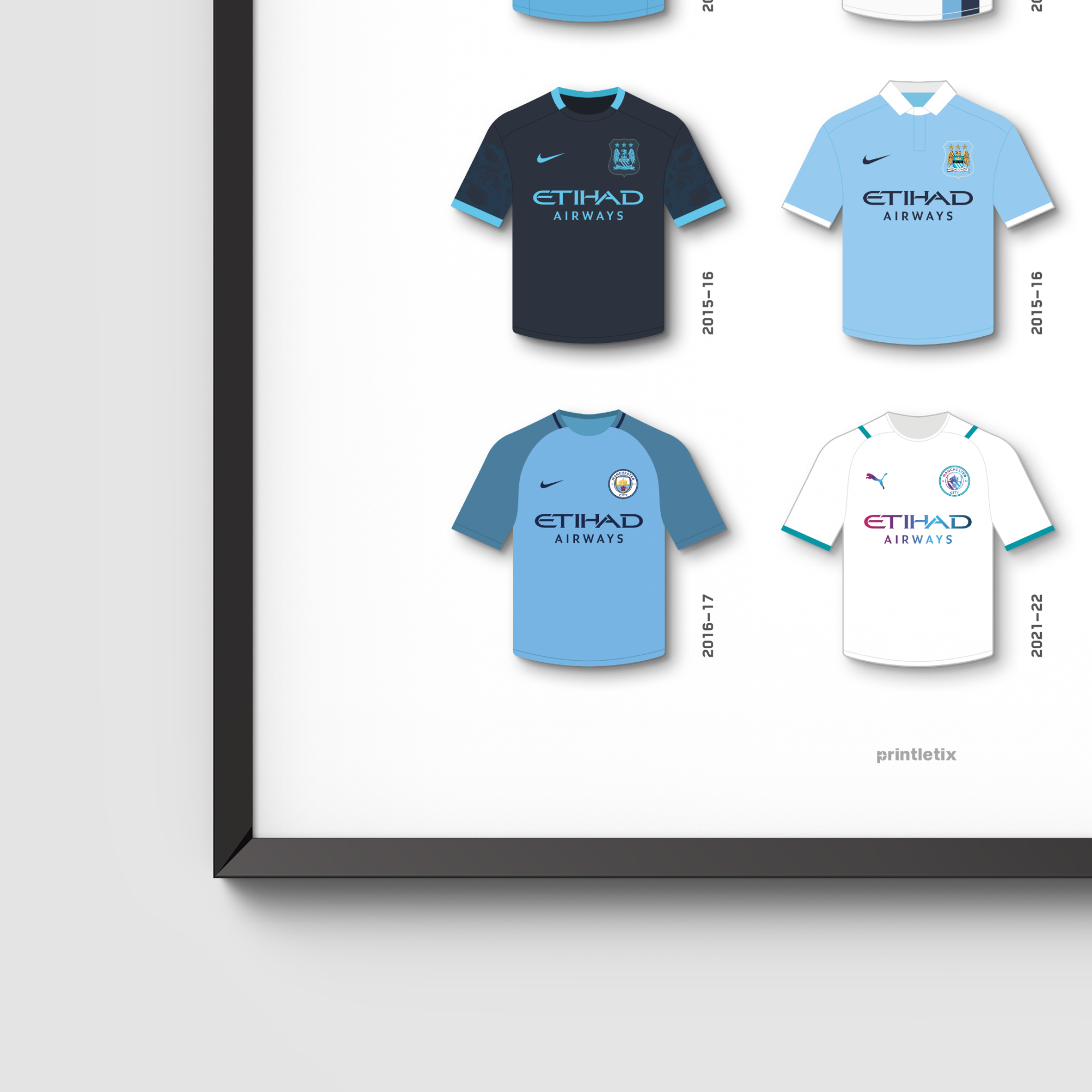 Close-up view of MCI retro jerseys wall art