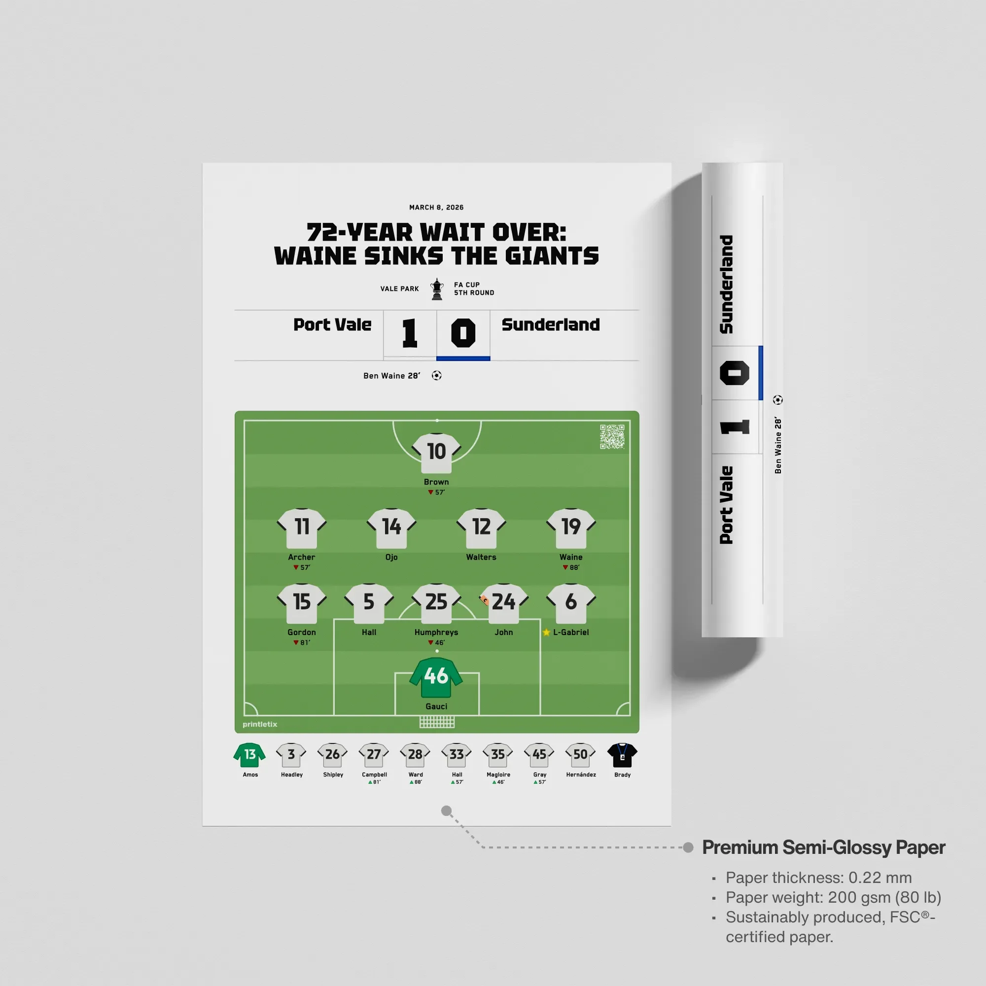 Technical specifications of the Port Vale poster showing the premium 200 gsm semi-glossy paper quality.