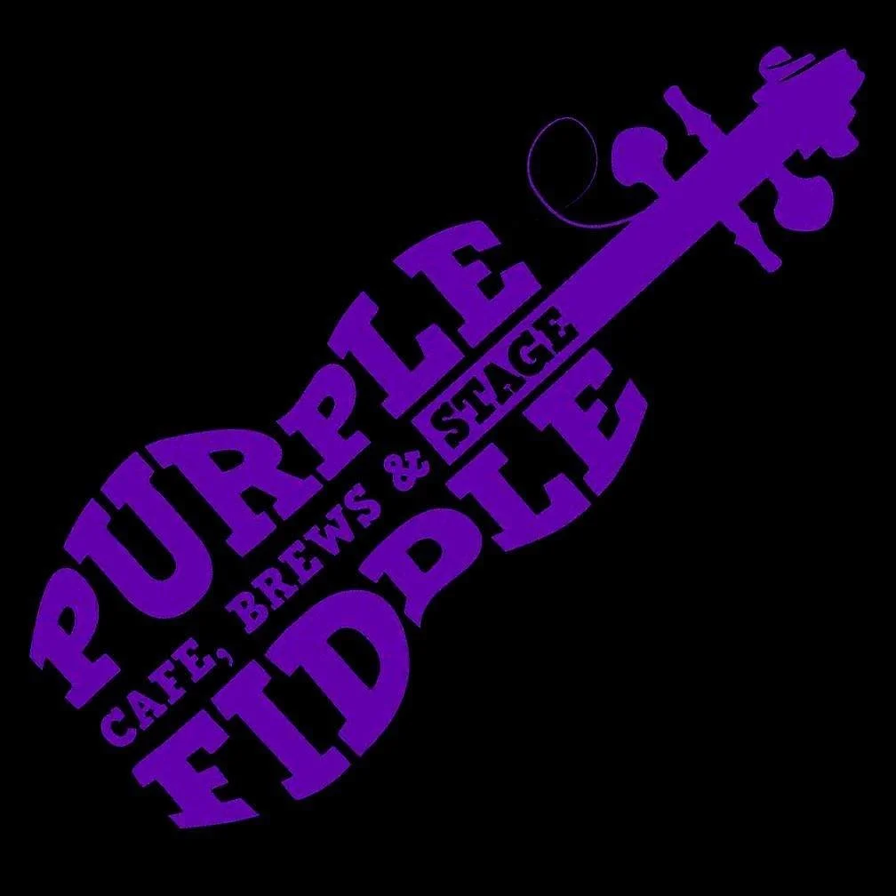 A stylized purple guitar silhouette with the words "Purple Hide" and "Cafe, Brews & Stage" written within it.