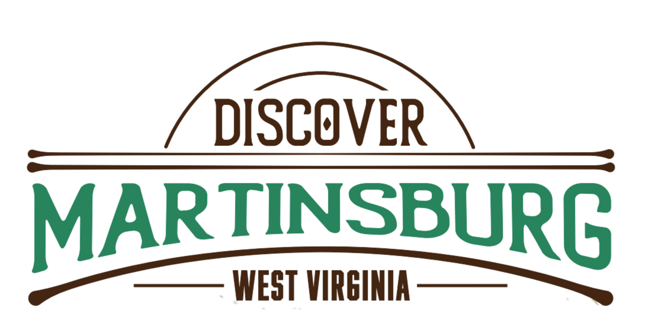 Logo for Discover Martinsburg, West Virginia featuring a stylized design with the word "DISCOVER" in brown at the top, "MARTINSBURG" in large green letters in the center, and a brown curved line with" WEST VIRGINIA" at the bottom.