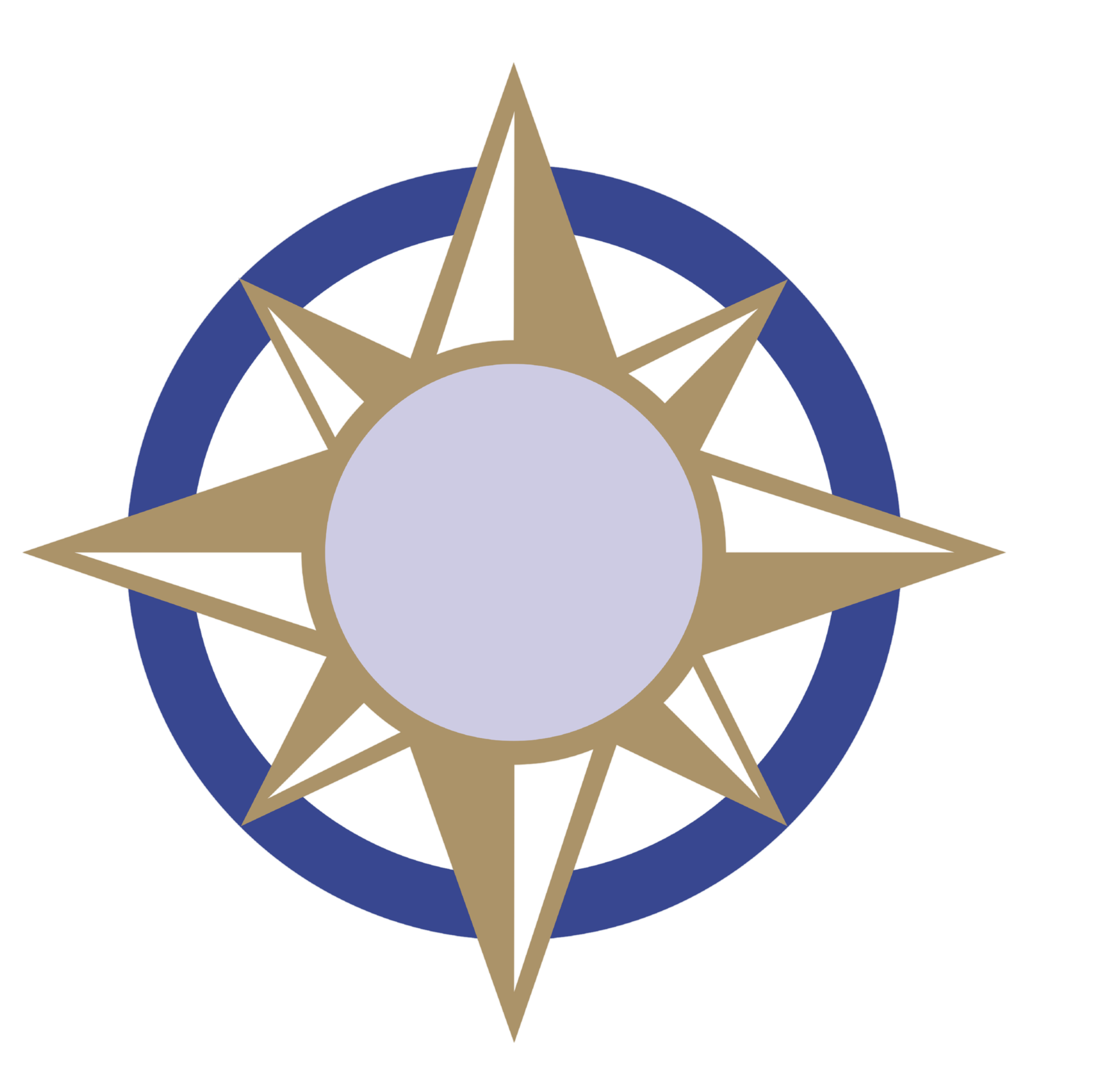 A stylized compass rose design with a central light purple circle, gold and navy blue elements, and pointed tips indicating directions.
