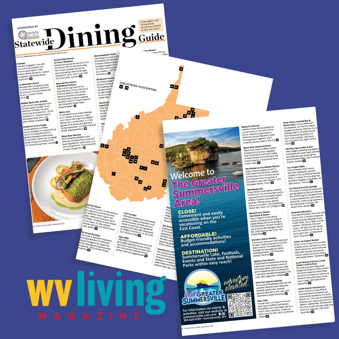 Cover of the WV Living magazine featuring a colorful map of West Virginia with numbered locations, a brochure for the Greater Summersville Area with a photo of a lake and a cliff, and the WV Living logo in bold yellow and blue text.