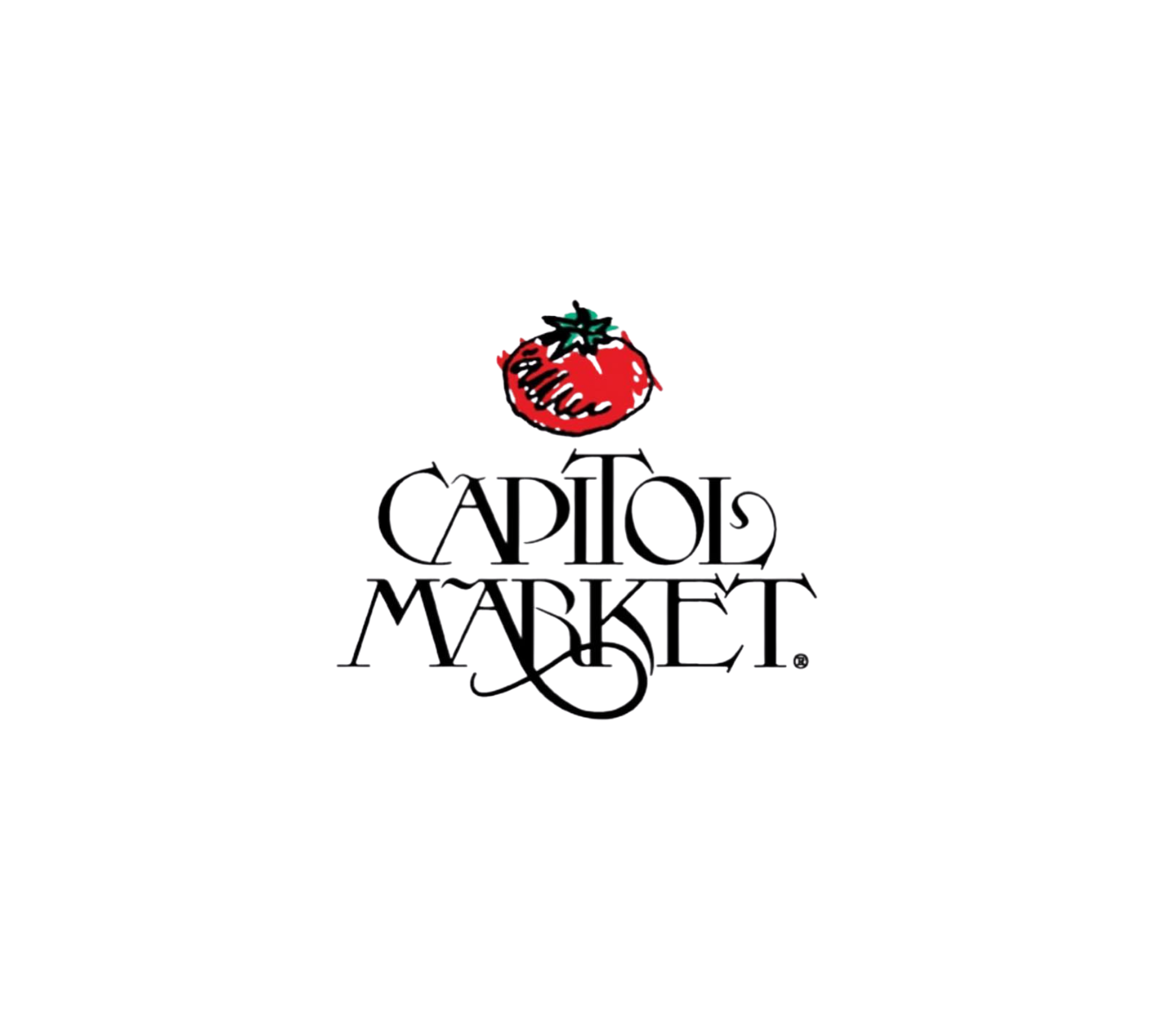 A logo with a cartoon red tomato with green leaves, and stylized black text that reads 'Capitol Market' beneath the tomato.