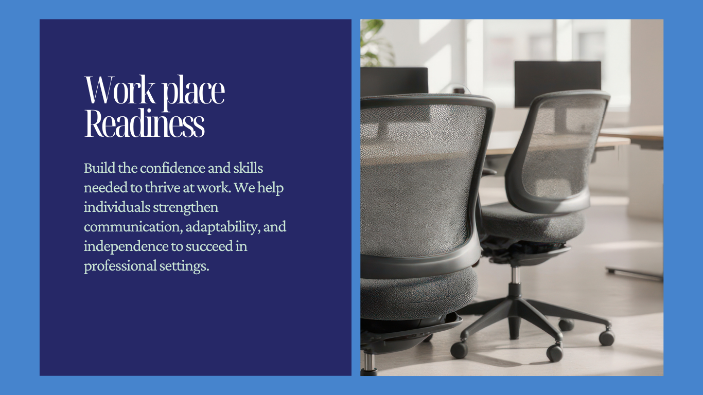 A presentation slide titled 'Work place Readiness' with a description about building confidence and skills for professional success, and an image of an office with gray chairs and computer monitors in a bright room.