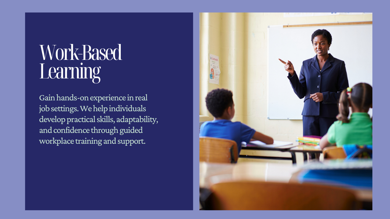 A woman teacher explains to two students in a classroom, with a whiteboard behind her. The classroom has a bright yellow wall and classroom supplies on the desk.
