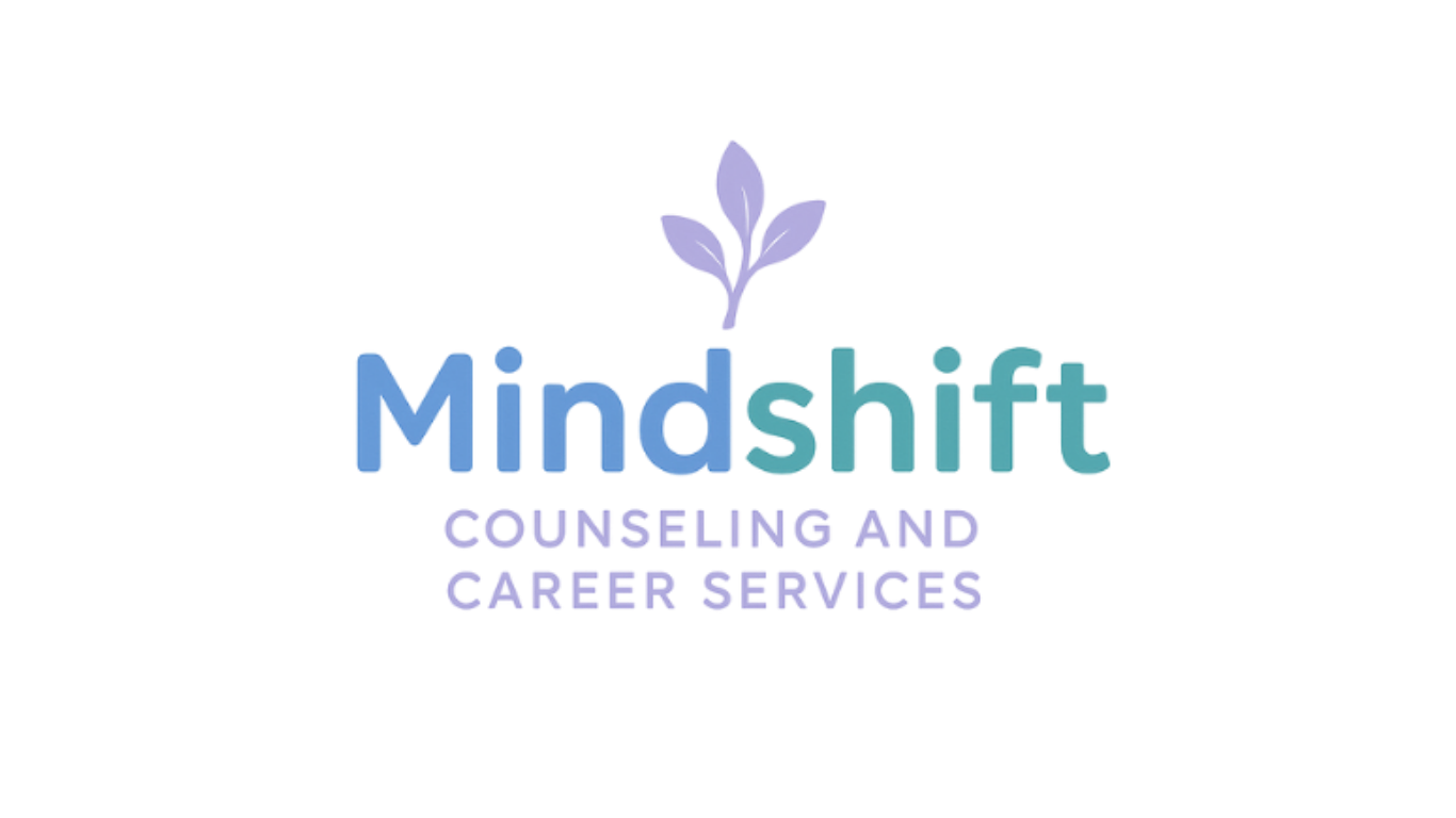Logo for Mindshift Counseling and Career Services, featuring stylized text and a small plant icon.