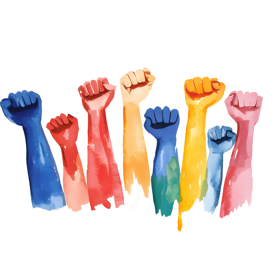 Seven raised fists in various colors, representing diversity and unity, against a white background.