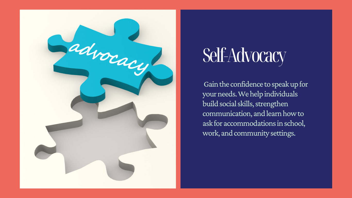 A blue puzzle piece with the word 'advocacy' written on it, next to a navy blue box with white text about self-advocacy skills.