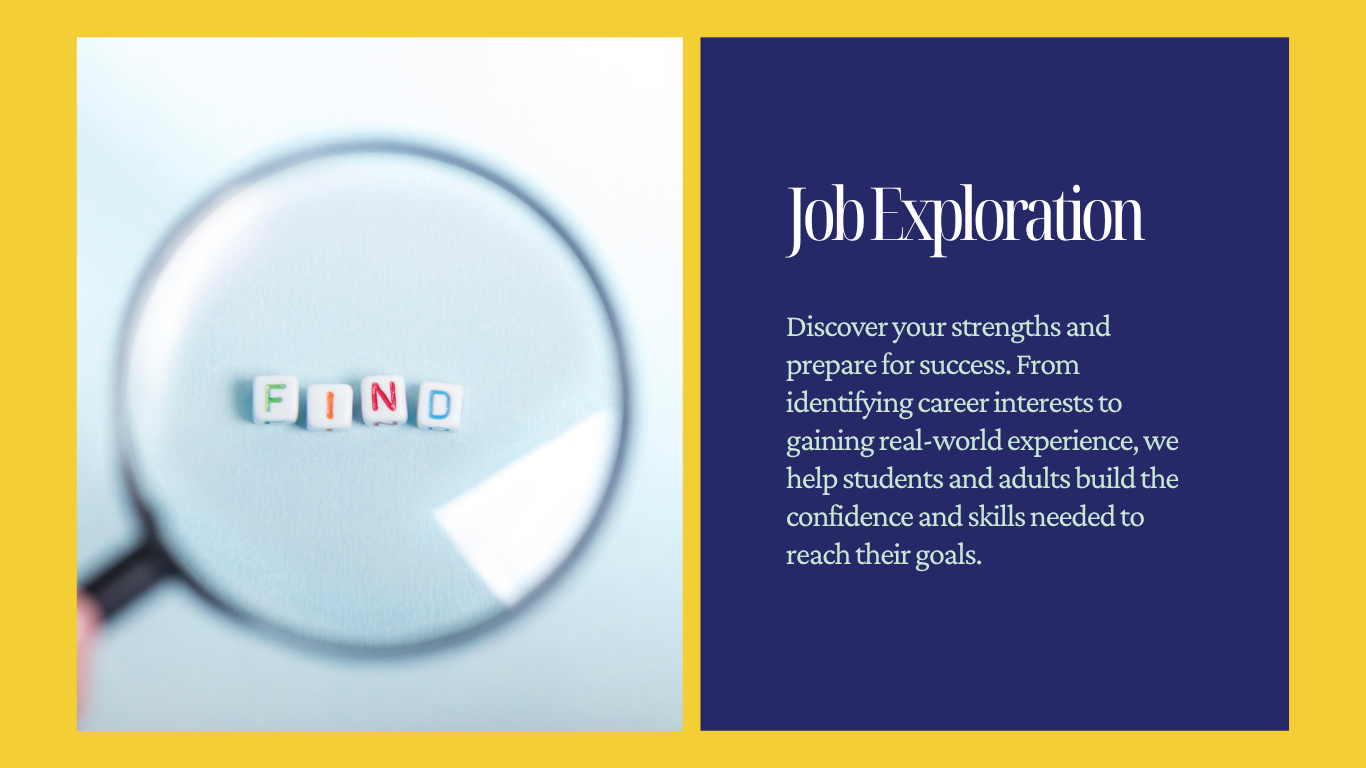A magnifying glass focusing on the word 'FIND' spelled with small colorful letter beads on a light blue background, alongside a dark blue section with white text about job exploration and skill development.