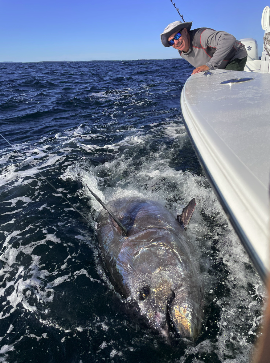 A man on a boat leaning over the side, smiling, as a large fish is caught and pulled out of the water.