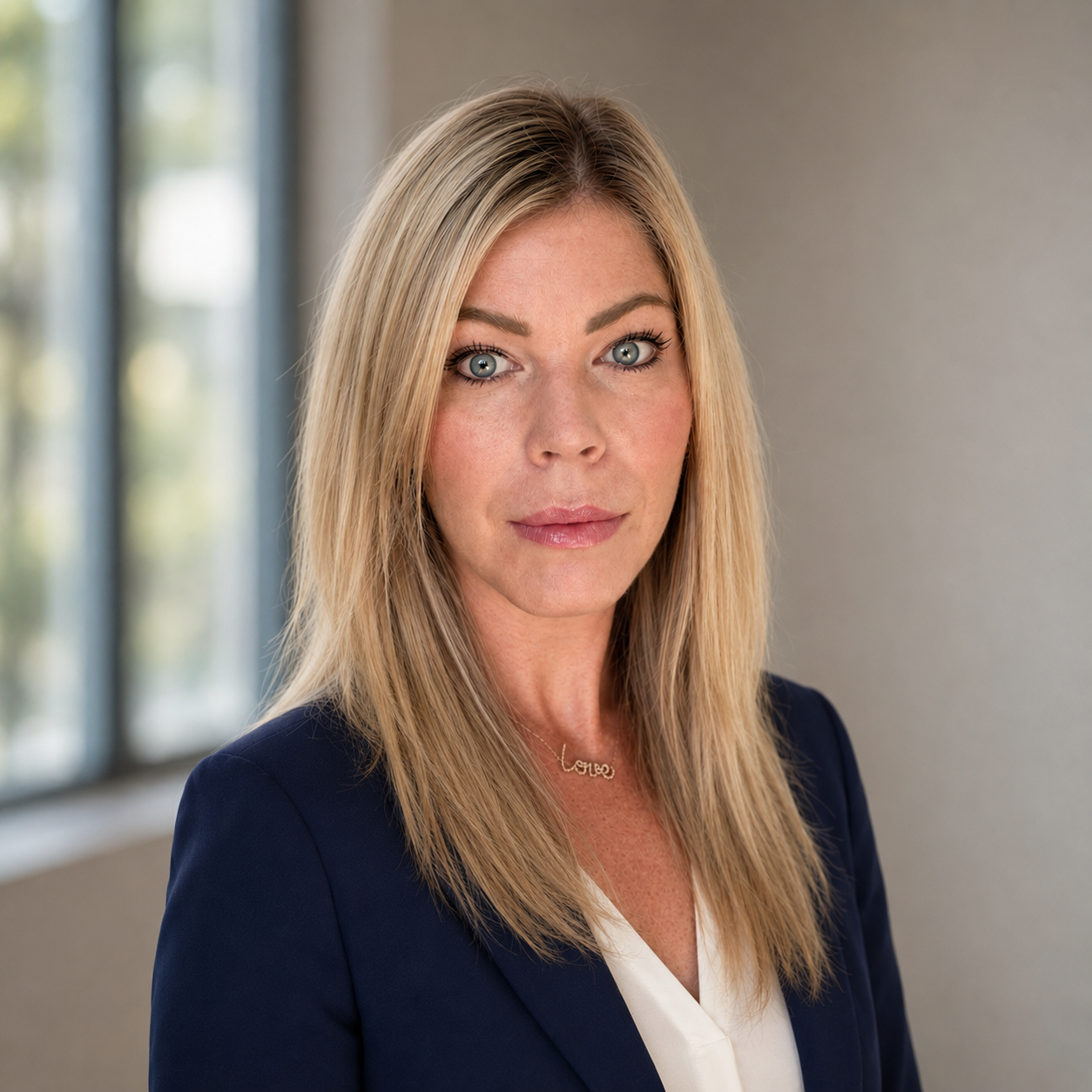 Headshot of a blonde woman in a black jacket