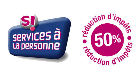 Logo promotionnel pour des services à la personne offrant une réduction de 50% sur la traduction d'impôts.