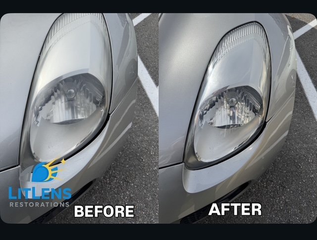 Pontiac Solstice side-by-side comparison before and after slight hazing on the headlight done in Merrimack NH.