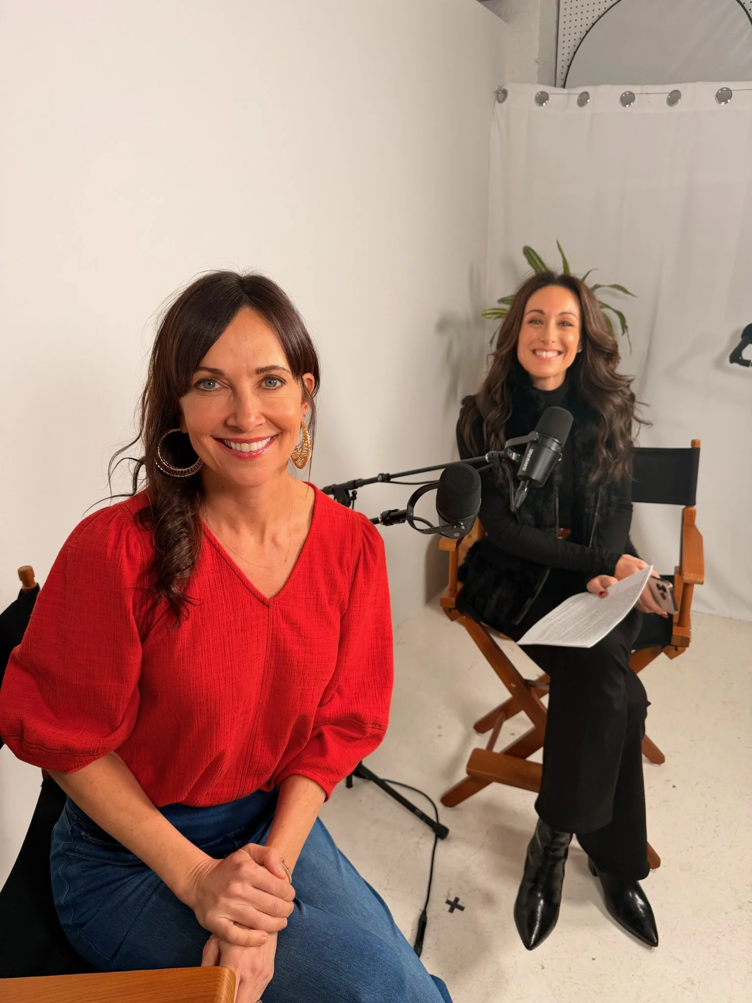 Step Into Next podcast hosts Leanne Shear and Helaine Knapp recording an episode about women's entrepreneurship, life transitions, and career pivots