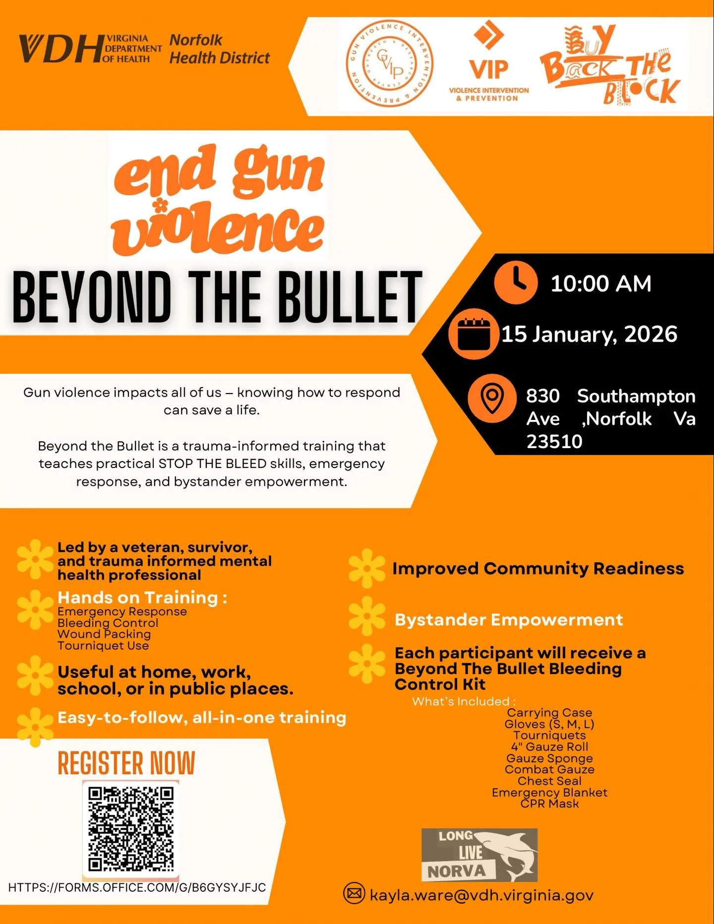 Join Us for Beyond The Bullet
 @cityofnorfolkva Norfolk Public Health Department 
Led by @vip.llc @mindofabillion 
OPEN TO THE PUBLIC 
*Limited Seats *
#norfolk #hamptonroads #virginia #stopgunviolence #stopthebleed 
https://forms.office.com/g/B6GySy