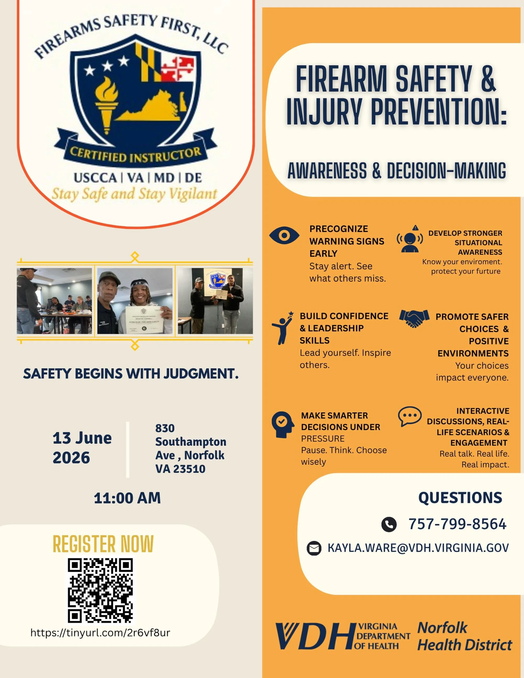 🚨 FREE COMMUNITY WORKSHOP 🚨

Knowledge saves lives.

Join us for Firearm Safety &amp; Injury Prevention: Awareness &amp; Decision-Making, an interactive workshop designed to help individuals and families build safer communities through education, a