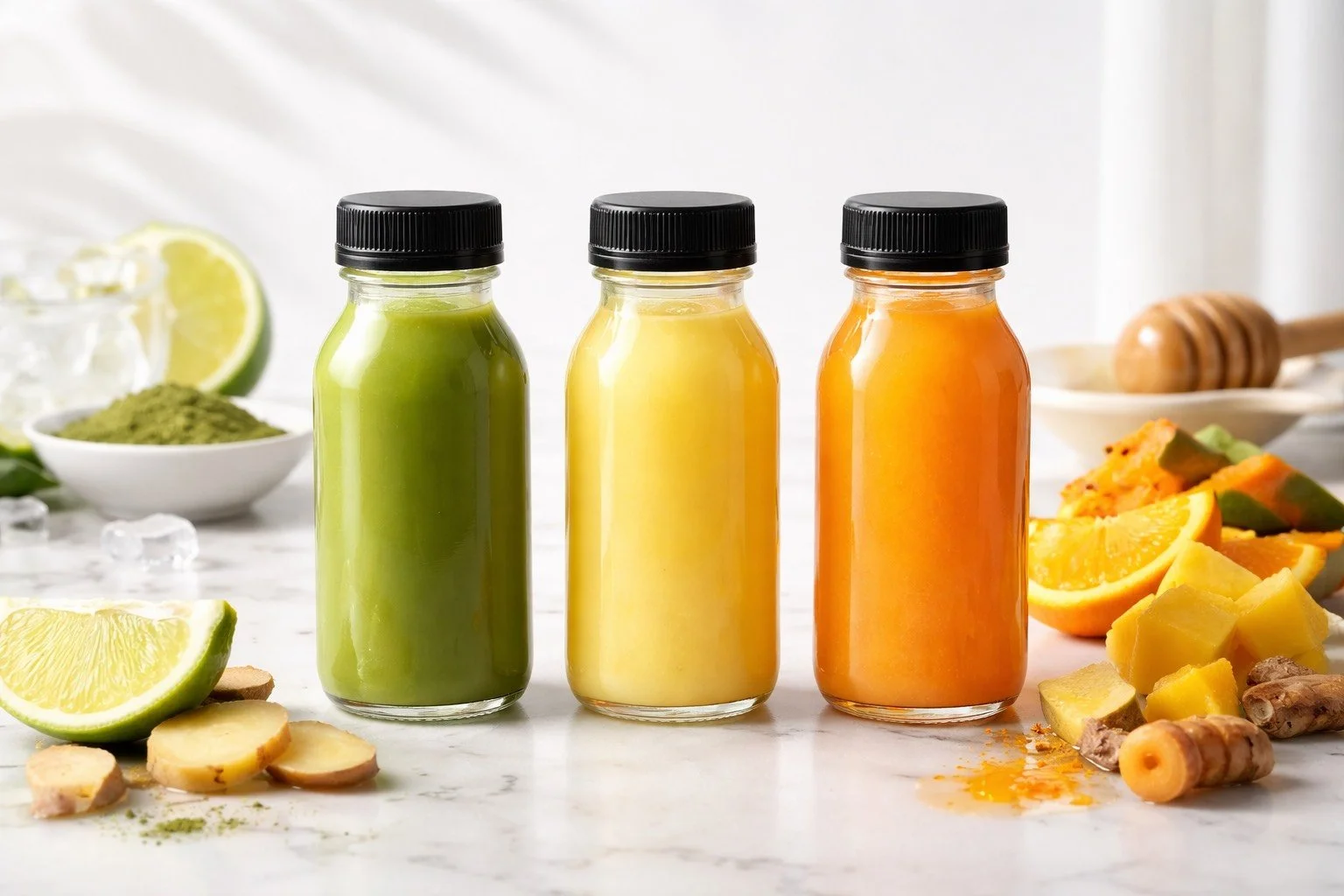Sunshine, Matcha Flow, and Ginger Zest 2oz wellness shots in artisanal bottles, organic, nutrient-rich, immunity-boosting, and energy-enhancing, Juice Me Organic Bar, Nassau, Bahamas