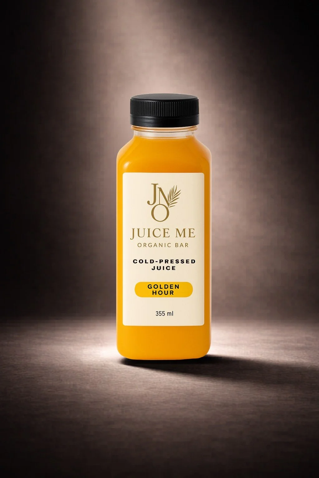 Golden Hour cold-pressed juice in 12oz artisanal bottle, organic pineapple, orange, and carrot blend, nutrient-rich, Juice Me Organic Bar, Nassau, Bahamas