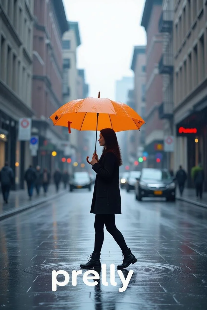 A woman with a black coat and black boots walking in the rain while holding an orange umbrella, crossing a city street with buildings on either side and a few cars and pedestrians in the background.