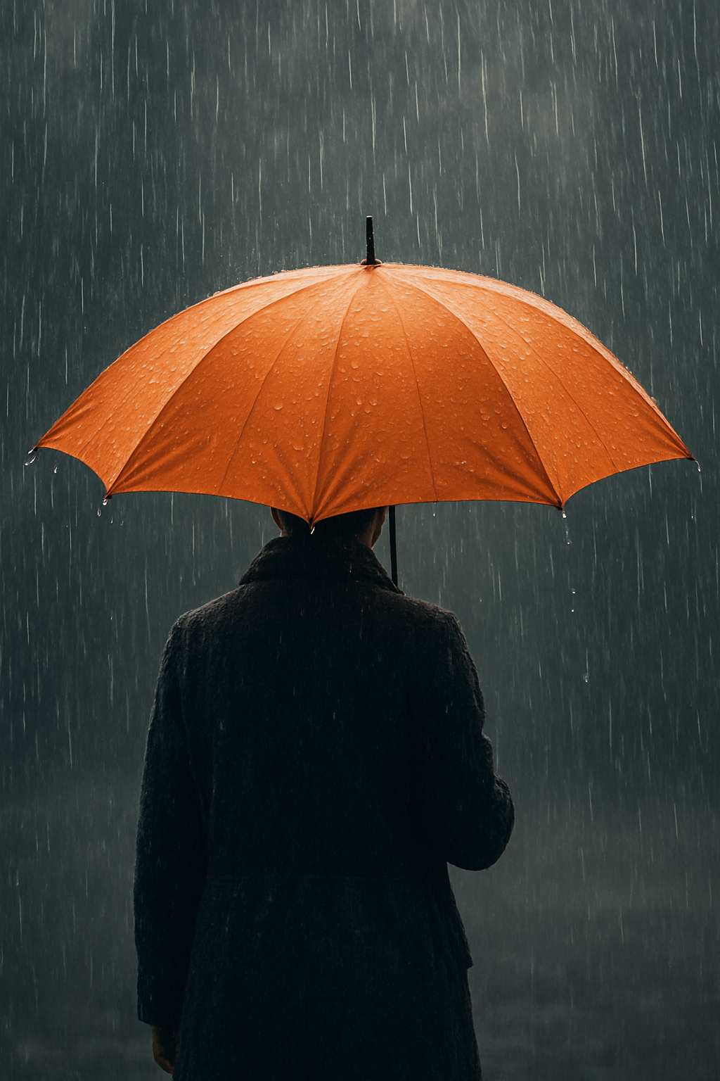 Person in dark coat holding an orange umbrella in the rain