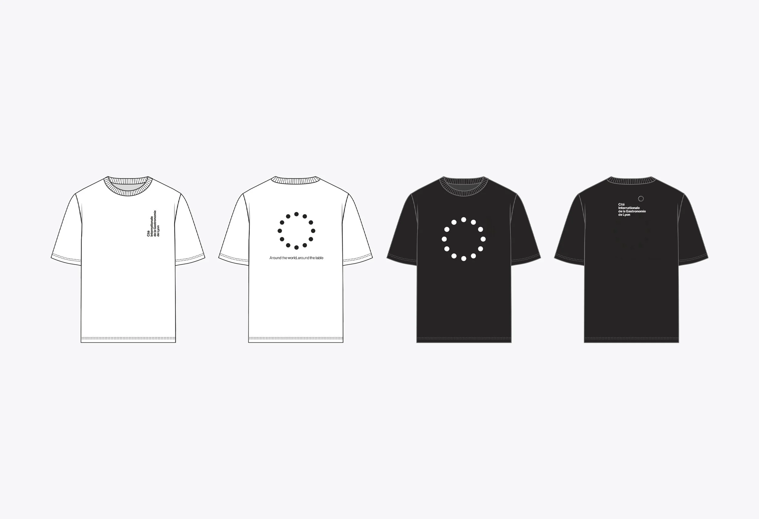 Cuatro camisetas, dos blancas y dos negras, con diseño de círculo de puntos en el frente y texto en la parte superior izquierda o trasera, relacionadas con una cultura de gastronomía de Lyon, Francia.