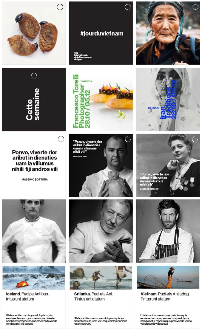 Feed de instagram para el museo de gastronomia de Lyon. Diferentes posts con imágenes de cocineros, platos de comida y agenda con los diferentes eventos