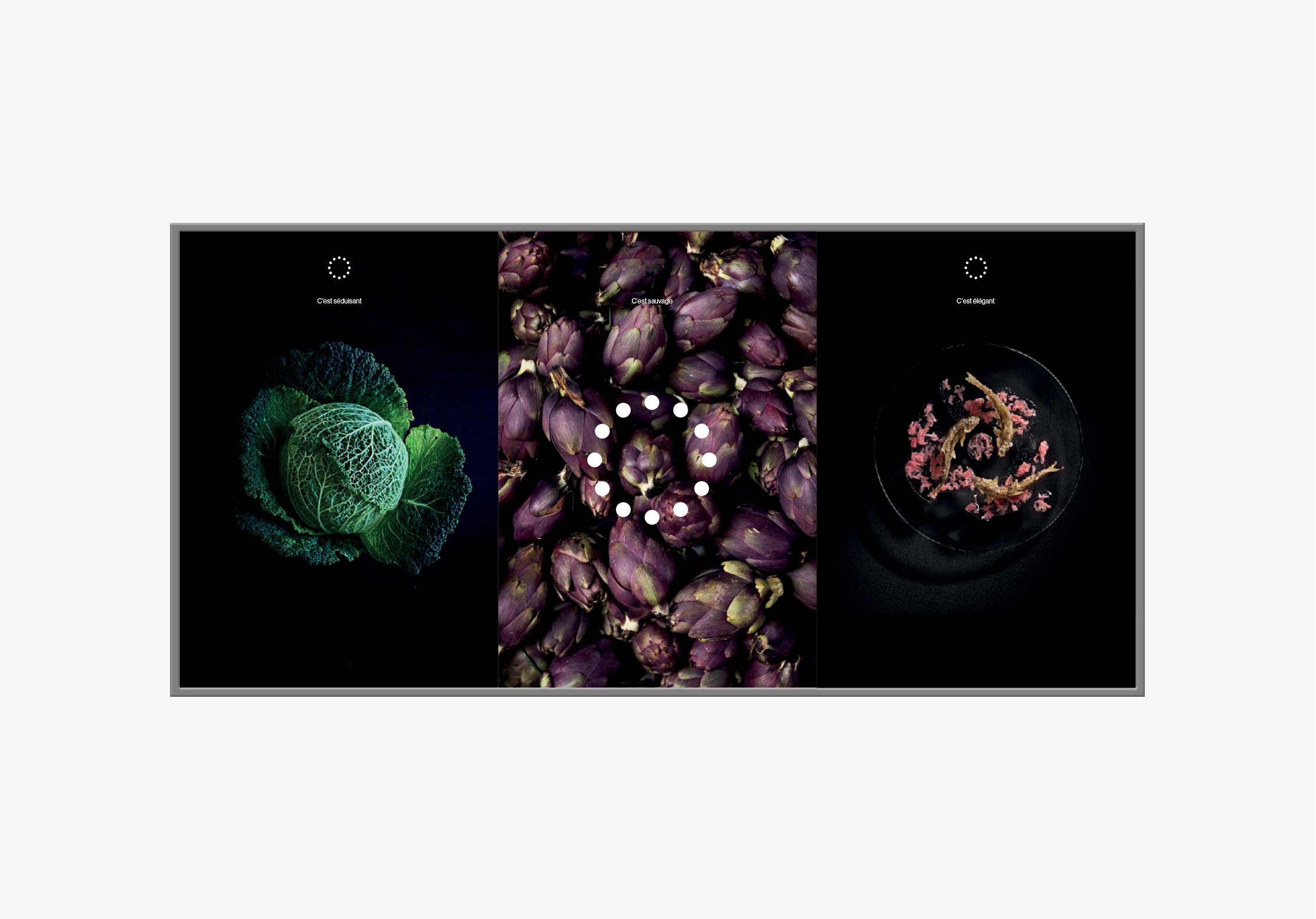 Pantalla dividida en tres partes: la izquierda muestra una lechuga con fondo negro, en el centro hay espárragos morados y en la derecha una sartén con trufas y flores comestibles, con fondo negro.