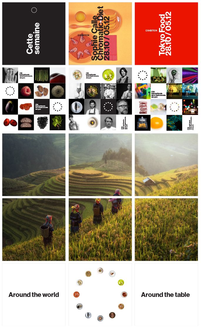 Calendario con eventos culturales y chefs, fotografías de ingredientes y chefs, paisaje de campo con terrazas y agricultores, y fotos de alimentos de diferentes partes del mundo.